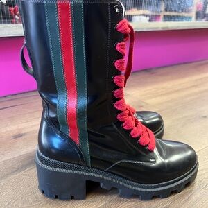 Gucci Trip Black Leather Red Green Web Stripe Mid Calf Block Heel Combat Boot 41